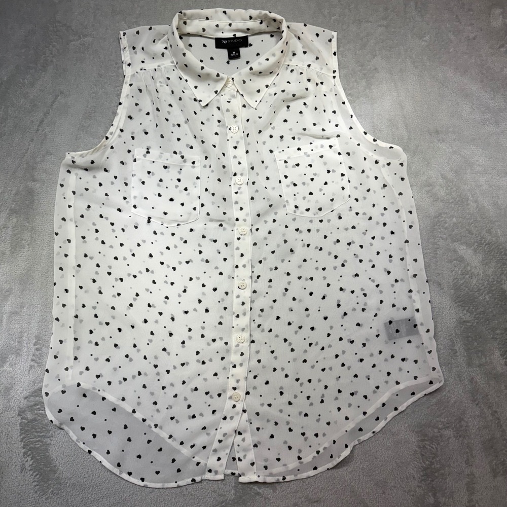 Vintage AB Studio Heart Print Sleeveless Blouse Size M White Black Polyester